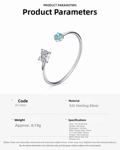 Detailed specs of S925 silver cuff with 8A ice flower cut zircon and blue stone