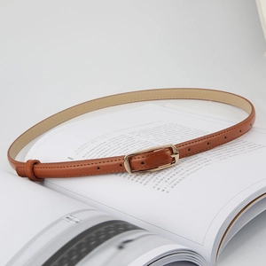 Detail of slim brown leather belt with gold buckle placed on a book for casual styling