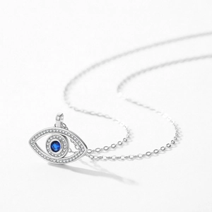 Elegant 925 sterling silver evil eye necklace with blue gemstone and pavé zircon accents