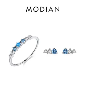 Exquisite S925 sterling silver jewelry set featuring blue zircon ring and stud earrings