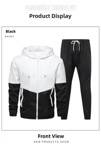 Detail of men's hooded sports set with black and white V-shaped geometric splicing design