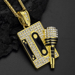 Hip hop style gold tape and microphone pendant necklace with sparkling diamonds for men