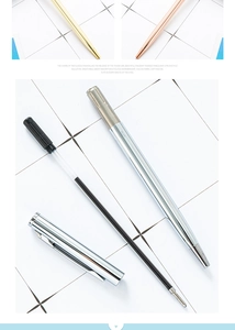 Disassembled view showing metal pen barrel, cap, and black ink refill parts