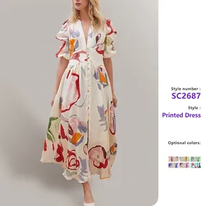 V Neck Abstract Floral Print Maxi Dress Polyester Puff Sleeve Button Down High Waist Bohemian Beach Vacation For Women