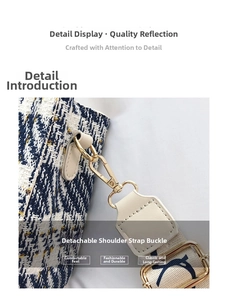 Close-up of detachable gold metal hardware and textured tweed fabric on a stylish handbag