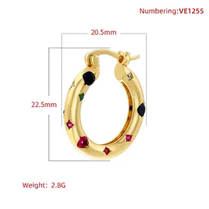Fashionable gold hoop earrings with multi-colored crystals and dimensions 20.5x22.5mm