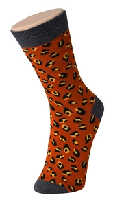 Detail of cotton crew sock with orange leopard print pattern and grey heel and toe