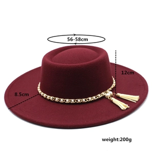 Detailed size chart of burgundy wide brim flat top wool hat with pearl chain and tassel