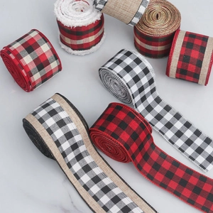 Macro view of checkered faux linen Christmas ribbons showing various colors and textures