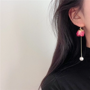 Elegant long tassel earrings featuring real preserved pink roses and white pearls
