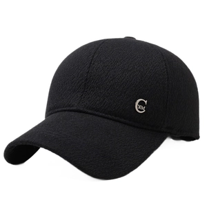 Winter fleece baseball cap for men with ear flaps and warm thick knit fabric in black