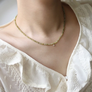 French gradient olive green beaded necklace with sparkling zircon pendant for women