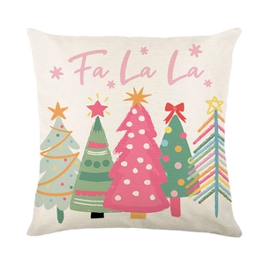 Linen Christmas pillow cover with pink tree, stripes and Fa La La text on white background
