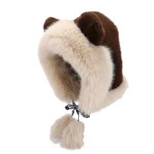 Winter plush trapper hat with fox ears and double pom-poms in brown and beige colors