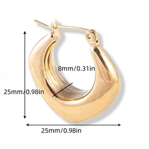 Detailed dimensions of gold U-shaped hollow earrings with 25mm height and 8mm thickness