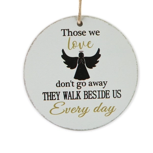 Memorial round wooden Christmas ornament with angel silhouette and remembrance quote