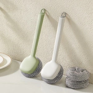 Kitchen Dish Brush With Long Handle Stainless Steel Wire Scrubber Ball Non-Stick Pot Cleaning Tool For Stove Sink