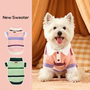 Pet Sweater Stripe Polo Neck Mink Fleece Warm Knitted Pullover Clothing For Dogs Cats Winter Autumn