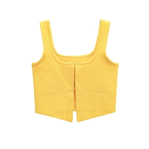 Bright yellow knit cropped tank top with button front closure in a slim fit silhouette