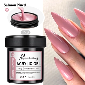 Detailed 150g jar of Salmon Nude acrylic nail gel with professional manicure result