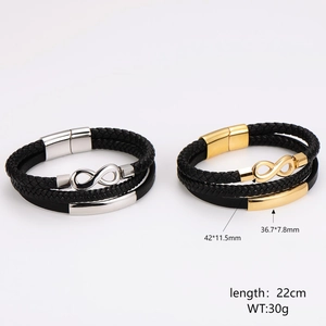 Bracelet multicouche en cuir tressé pour hommes avec symboles infinis or et argent