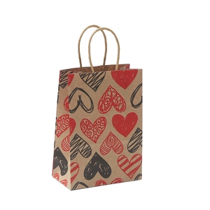 Mini Kraftpapier Geschenktüte mit roten Herzen und verstärkten Griffen für Valentinstag