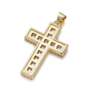 Detail shot of a gold-plated cross pendant with micro-pave clear cubic zirconia stones