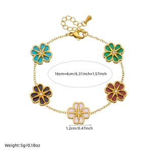 Gold-plated stainless steel chain bracelet with five colorful floral pendants and crystals