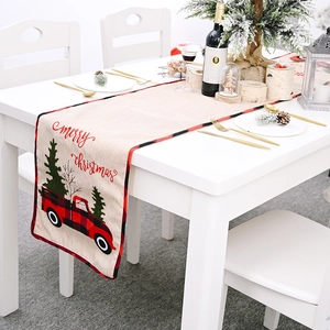 Christmas Table Runner Linen Like Fabric Red Truck Plaid Tree Print Merry Christmas For Home Dining Table Decoration