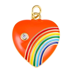 Macro detail of heart charm with orange enamel rainbow stripes and inlaid zircon stone