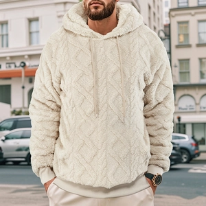 Men Hoodie Sherpa Fleece Pullover Diamond Texture Drawstring Casual Streetwear Long Sleeve Winter Warm
