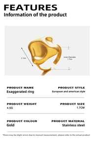 Detailed size specifications for gold irregular stainless steel ring with 1.7cm inner diameter