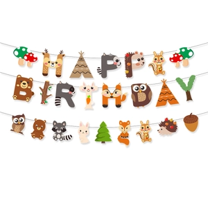 Jungle animal birthday banner featuring cute fox and hedgehog party decorations