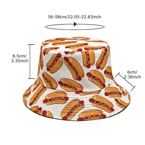 White reversible bucket hat with cartoon hot dog print and size guide dimensions