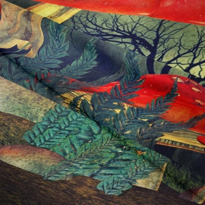 Close-up detail of gothic forest tapestry with mushrooms and fern leaves