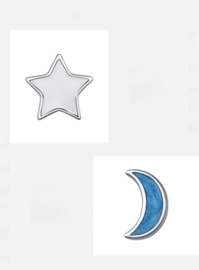 Detail of 925 sterling silver star and blue enamel moon earrings with polished finish