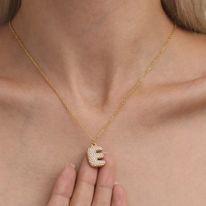 Chunky 18K gold plated letter E pendant necklace with sparkling cubic zirconia pavé