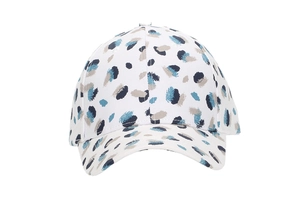 Close-up of a white baseball cap featuring blue and brown leopard print and 6-panel stitching