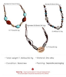 Detailed technical drawing of bohemian long bead necklaces with weight and size specifications