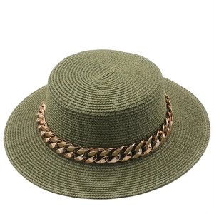 Olive green flat top straw sun hat with a decorative rose gold metal chain band