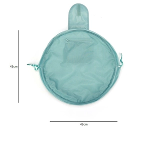 Detail view of large turquoise drawstring makeup bag showing 43cm diameter and inner zipper pocket
