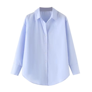 Classic light blue striped long sleeve poplin shirt with a turn-down collar for women
