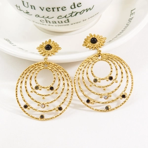 Bohemian gold stainless steel multi-layer round earrings with black stones and crystals