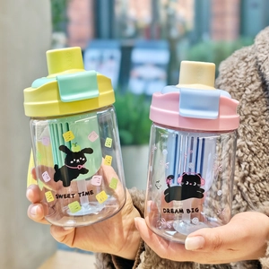 Dual-drink cartoon plastic water bottles with straws and tea filters for students