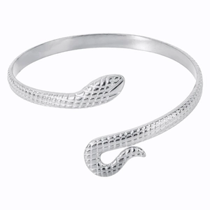 Minimalist silver stainless steel C-shaped snake cuff bracelet with textured scale pattern
