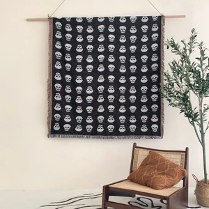 Bohemian black and white skull woven throw blanket with fringe for outdoor picnic and sofa