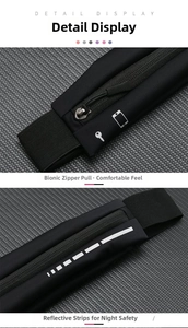 Close-up of black running belt featuring waterproof zipper and wide silver reflective strip