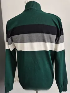 Detail view of men's slim fit green sweater with contrasting stripes on back panel
