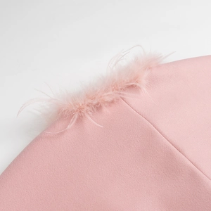 Gros plan sur le tissu en laine rose avec des finitions élégantes en plumes douces