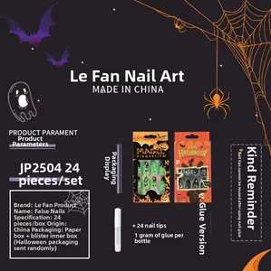 Detail of Halloween press-on nails set featuring spider web, ghost and pumpkin patterns